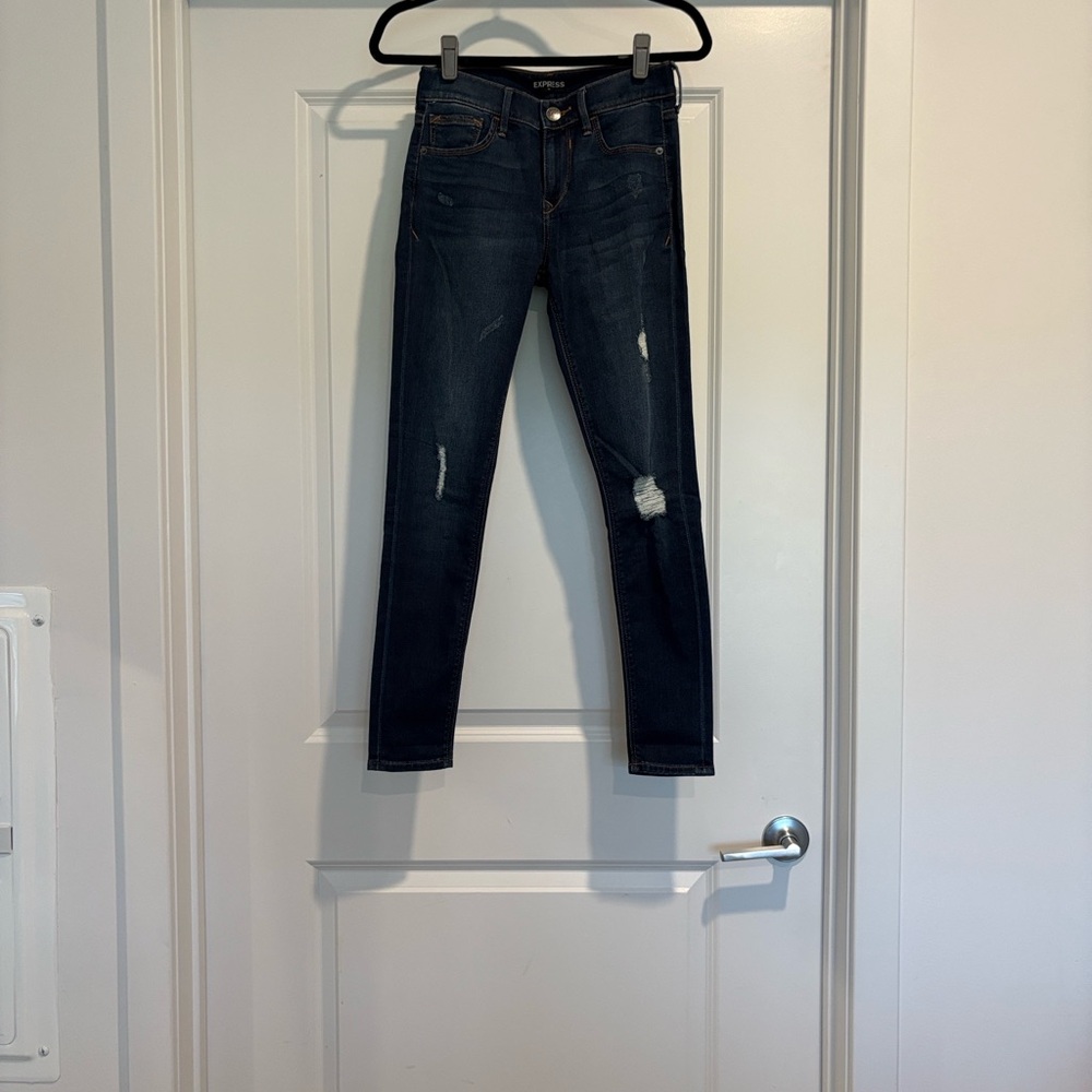 Express Midnight Blue Skinny Jeans with Ripped Accents